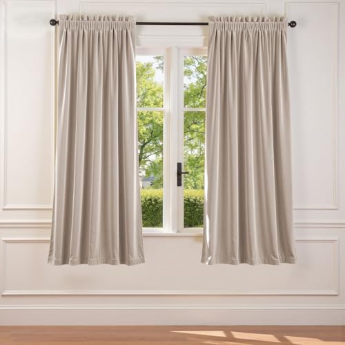 Image of Oatmeal Velvet Curtains Cream Rod Pocket 52x72 Inch 2 Panels | Soft Velvet, Room Darkening, For Small Windows, Kitchens & Bathrooms, Light Shifting Texture, Elegant Drape, Warm