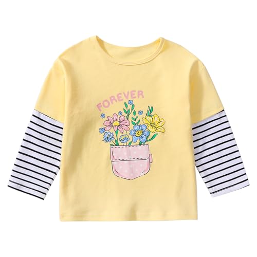 Toddler Girls Long Sleeve Top, Light Yellow Girls Fall T-Shirt, Casual Striped Crew Neck Bottom Shirt
