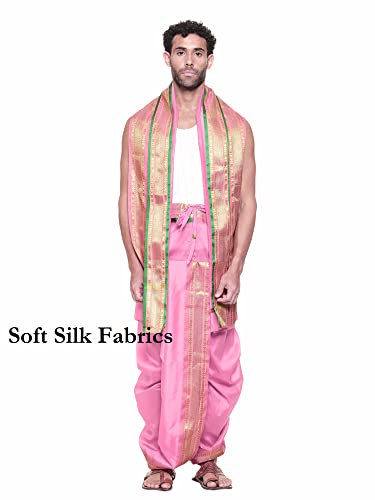 Image of Rameshwaram Fabrics Readymade Dhoti for Men, Velcro Style Stitched Mens Silk Dhoti Pant with Stole Set