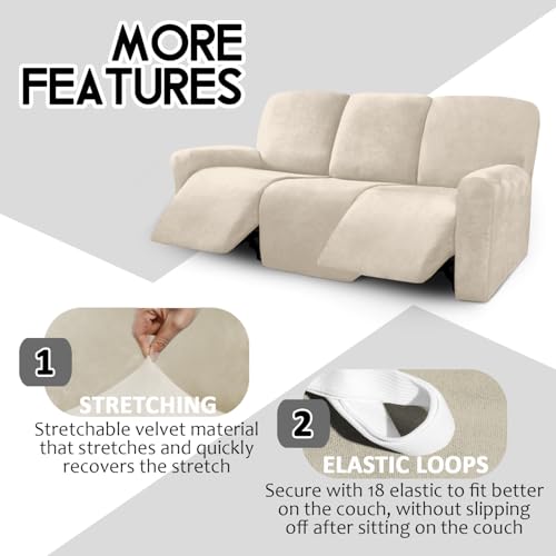 Image of Ultimate Decor 8-Pieces Recliner Sofa Covers Velvet Stretch Reclining Couch Covers for 3 Cushion Reclining Sofa Slipcovers Furniture Covers Thick Soft Washable (Ivory)