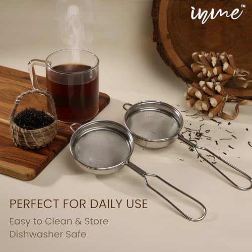 Image of Inme Tea Strainer with 304 Grade Stainless Steel Mesh, Chai Channi Chalni Jali, Coffee Milk Juice Oil & Tea Filter Strainers with Durable Long Wire Handle - Set of 2 (Diameter - 7 cm & 8 cm)