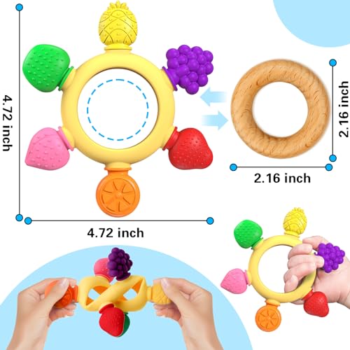 Image of GJZZ Baby Teething Toys Silicone Teethers BPA Free Fruit Shape with Wooden Ring Soothe Babies Gums for 0-3 6-12 Months Infants & New Borns