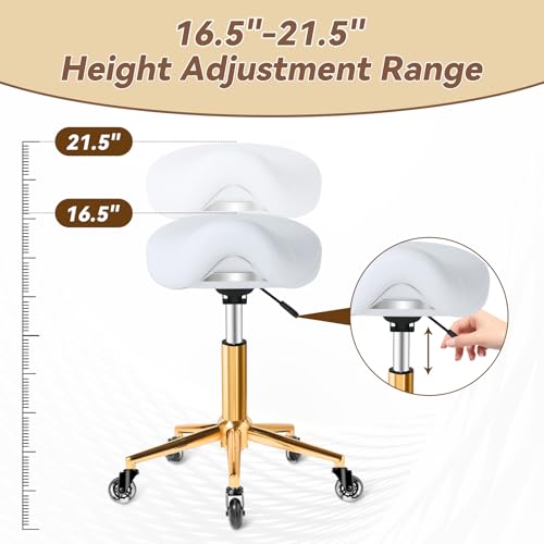 Image of Saddle Stool with Wheels Ergonomic - Thick Wide Saddle Cushion, Healthy Posture No Pain, Easy to Adjust, Smooth Rolling No Creaky Noises, Rolling Swivel Saddle Stool Chair for Salon Massage (White)