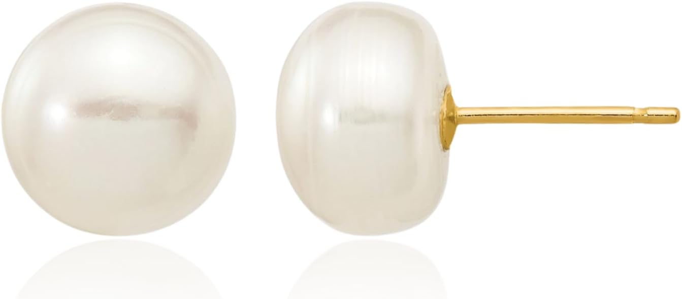 IceCarats 14K Solid Yellow Gold 8mm Freshwater Pearl Large Stud Earrings Prong Set, Friction Back For Her