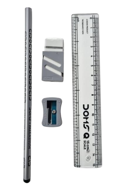 Image of Doms Palladium Pencil Kit- Includes 1 Extra Dark Wooden Pencil, 1 Non-Dust Eraser, 1 Long Point Pencil Sharpener & 1 Plastic Scale of 15Cm.| For Daily Use & A Gift For Children| Pack of 20