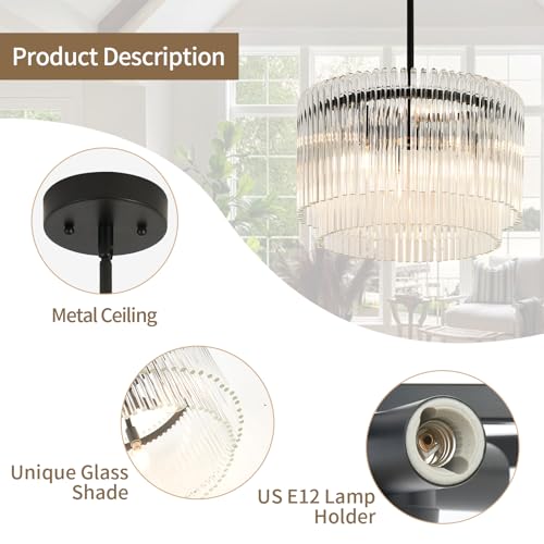 Image of 15.44 inch Drum Chandeliers Dining Room Black Modern Round Glass Brushed Nickel Chandelier 6-Lights with Crystals for Living Room Kitchen Island Entryway Foyer Stairway Light Fixture