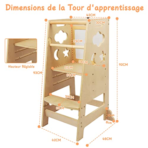 Foto von OUNUO Montessori Lernturm für Kinder, Babyturm mit 2 wiederbeschreibbaren Tafeln, Küchenhilfe, 3 höhenverstellbare Sicherheitsstangen, kippsichere Füße, Holz