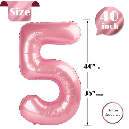 Image of Pearlescent Pink 5 Balloon, Number Balloons 40 Inch, 5th Birthday Balloon Decorations, Pastel Pink Party Supplies, 5 Number Balloons, Number 5 Balloon