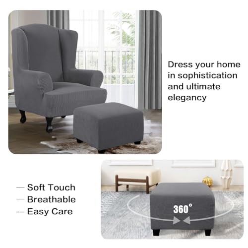 Image of H.VERSAILTEX Ottoman Cover Slipcover Rectangle Fit Length 35 inch-45 inch Footrest Sofa Slipcovers Stool Cover Footstool Protector Covers Feature Stretch Thick Soft Jacquard Fabric Removable Washable - Grey