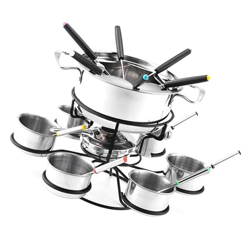 Kioriur Kit de fondue de queso rotativo 21 piezas – Tarro de fondue de queso pequeño para fondue de acero inoxidable | Juegos de porcelana de queso con 6 tenedores y 6 cuencos, juego de cocina