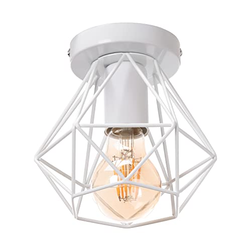 STOEX Plafonnier industrielle cage en métal fer forge, retro suspension luminaire lustre style vintage lampe de plafond, E27 base Ø16cm (Blanc)