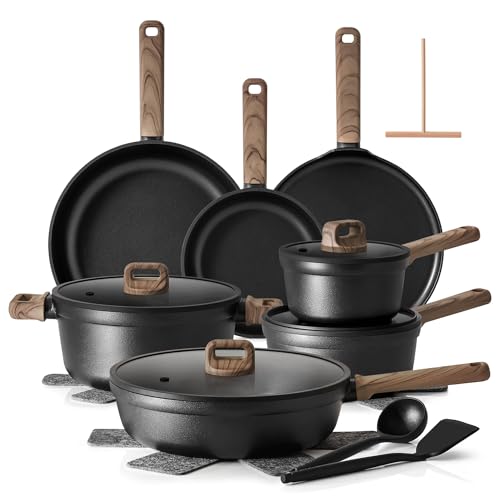 SENSARTE 20Pcs Nonstick Pots and Pans Set, Black Titanium Non Stick Cookware Set, Healthy Kitchen Cooking Set, Induction Compatible, Dishwasher Safe, PFOA/PFOS Free