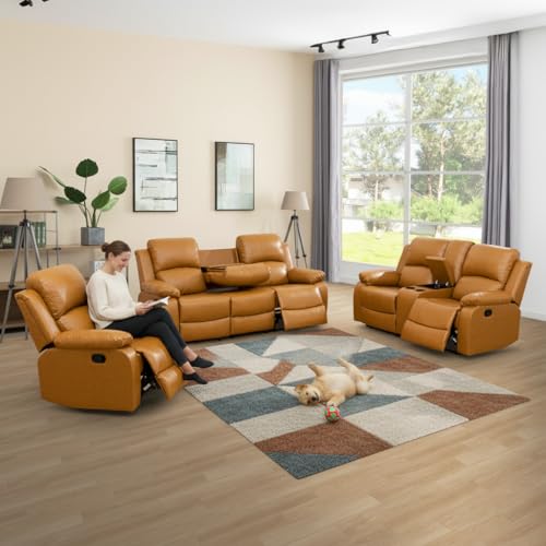 Seruancielo Leather Recliner Sofa Set (Ginger, 3 pcs)