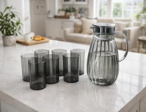 Image of Wringo Premium 7pc Crystal Water Jug with Glass Set and Jug Set Combo,Freezer Safe and Dishwasher Safe (6 Pieces Glasses 200ML and 1 Water Juice Jug 1.8 Liter), Transparent, Glass and Jug Set (WS-23)