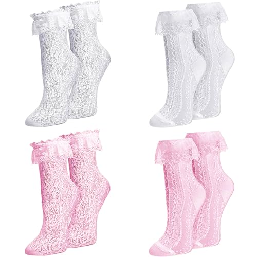 Image of Women Lace Ruffle Socks White Black Frilly Lolita Crew Dress Socks | Womens Ankle Lacy Ruffled Socks Adult Cute Soft Cotton Thin Sexy Mesh Lace Trim 80s Casual Church Socks for Ladies Big Girls