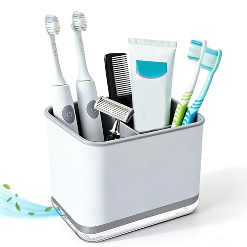 Image of Electric Toothbrush Holder, 3-Slot Bathroom Organiser with Large Capacity, Removable Base & Drainage Holes - Countertop Storage for Family, Toothpaste & Razor, Easy to Clean, White & Grey