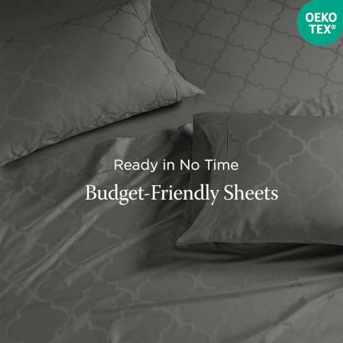 Image of Threadmill 300TC Cotton King Sheet Set, Sateen, Damask, Dark Grey, 4-Piece | 100% Cotton, Sateen Weave, Damask Pattern, 4-Piece Set, 16 inch Deep Pocket, Fade-Resistant, Breathable, All-Season, Lightweight