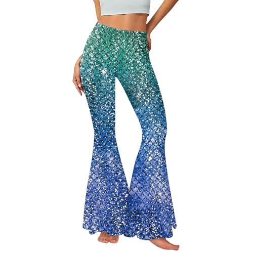 Seizesoul Mermaid Bell Bottom for Women Fish Scale Printed High Waisted Flare Leggings Pants Fit Casual Party