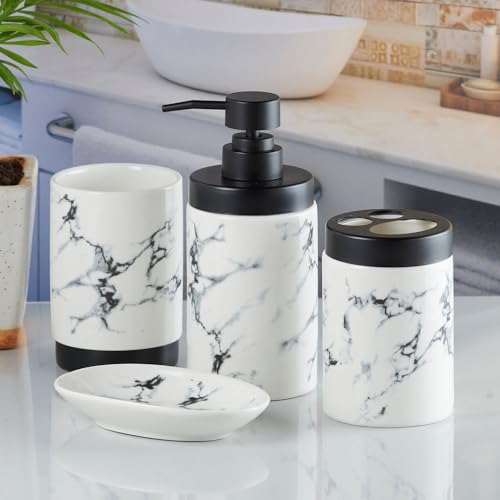 Image of SaSaSa Ceramic Bathroom Accessories Set of 4 Modern Bath Set with Soap Dispenser & Toothbrush Holder, Luxury Home & Gift Idea, White /Black (9598)