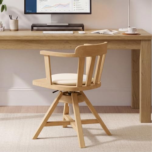 Image of Zesthouse Solid Wood Home Office Desk Chair with Arm, Vintage Office Chair with Adjustable Height, Heavy Duty Desk Chair with Cushion & Slatted Back, Swivel Computer Task Chair No Wheel Raw Wood Color