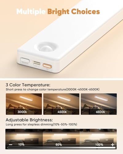 Image of 6 Pack 13inch Under Cabinet Lighting, 3 Color Temperatures Motion Sensor Light Indoor, USB Rechargeable Battery Operated Closet Lights, Dimmable LED Cabinet Lights, Under Counter Light for Kitchen