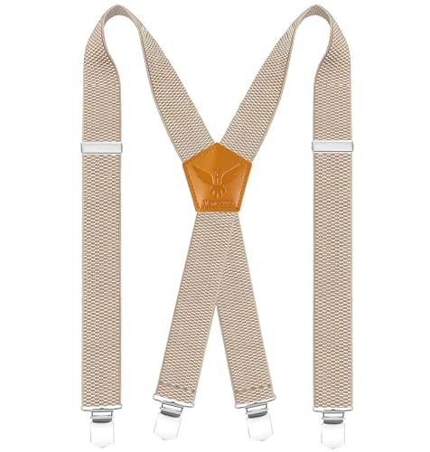 Fevaeno Hosenträger Herren Breit 4cm, X-Form mit Metall Clips Hosenträger Herren Extra Stark und Elastisch Längenverstellbar für Männer und Damen Overalls Jeans, Arbeitshosen, Jumpsuits Beige