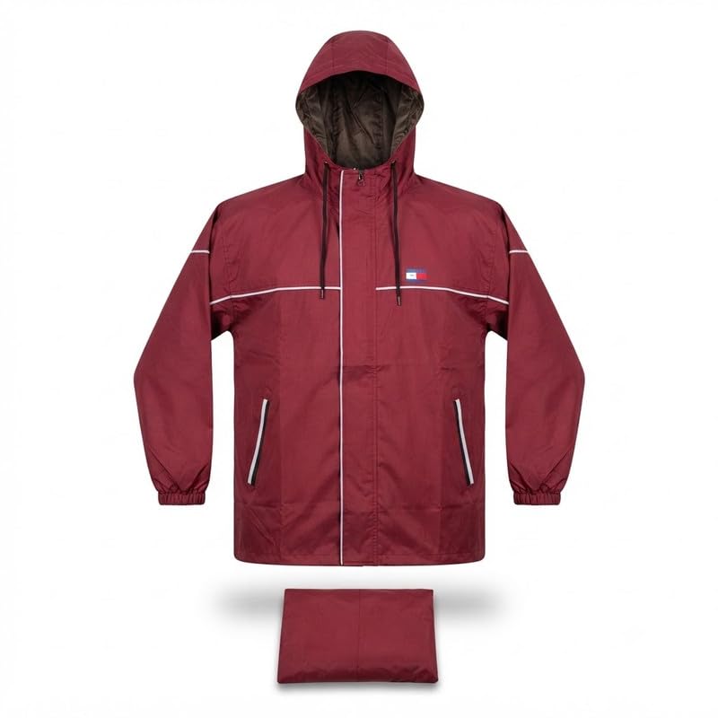 elevea 𝟏 𝐘𝐞𝐚𝐫 𝐖𝐚𝐫𝐫𝐚𝐧𝐭𝐲 Men's Hooded Waterproof Rain Jacket, Reflective Trim Raincoat with Front Zipper, Snap Buttons & Carry Pouch for Motorcycle Riding, Camping-picture-6