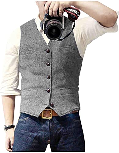 Image of Ceehuteey Mens Suit Vest Waistcoat Tweed Retro V Neck Wool Herringbone for Prom