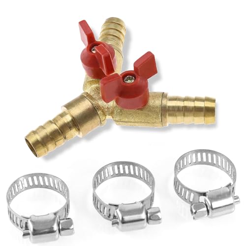 2-Wege Schlauchverbinder Messing 10mm - Mit Kugelhahn Und 2 Schlauchschellen