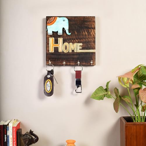 Image of AAKRITI ART CREATIONS Key Holder, Hola Wooden Key Holder with Hand Painted Elephant and Home Design | Rustic Mango Wood Wall Organizer with 4 Hooks | New Home Gifts.