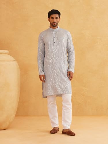 Image of SOJANYA (Since 1958 Men's Silk Blend Navy Blue Kurta with Multi Color Embroidery