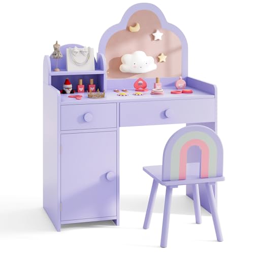 Costzon Kids Vanity, 2 in 1 Girls Vanity Set with Mirror, Drawers, Storage Shelf & Cabinet, Toddler Makeup Desk Dressing Table, Pretend Play Kids Vanity Table and Chair Set for Little Girls (Violet)