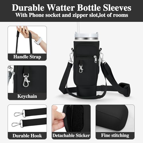 Image of linmaya Water Bottle Carrier Bag with Phone Pocket for Stanley 40 /30 oz Tumbler Neoprene Water Bottle Holder Pouch with 2 Adjustable Strap & 3 Leak Stoppers for Stanley Cup Accessories