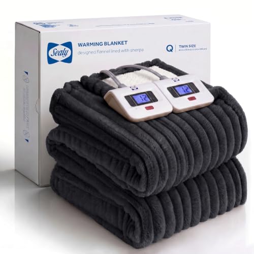 Sealy Electric Blanket Queen 84×90, Ribbed Flannel to Sherpa, Charcoal
