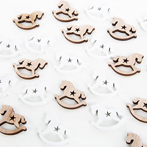 Logbuch-Verlag Lot de 24 petits chevaux à bascule en bois - Décoration de Noël - Blanc naturel - 4 cm - Décoration de table à disperser - Mini décoration de Noël
