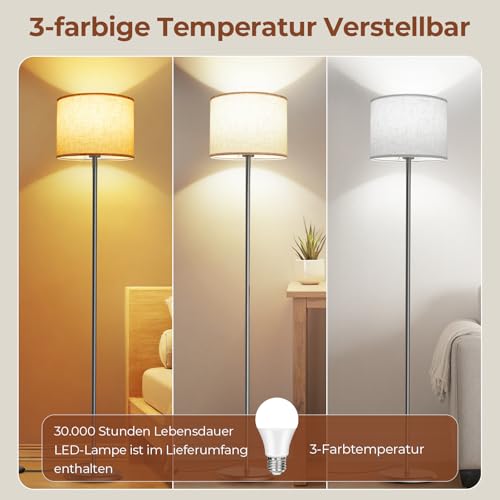 AmazeFun LED Stehlampe, 156cm Stehlampe Wohnzimmer mit Beigen Leinen-Lampenschirm & Fußschalter, Moderne Stehlampen mit E27 Birne 3 Farbtemperatur für Wohnzimmer Schlafzimmer Büro