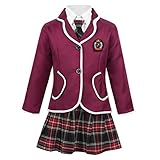 Jizyo Kid Girls British Style Japan School Uniform Cosplay Party Costume Anime Girl Long Sleeve Coat with Shirt and Skirt Set Burgundy 12-14 Years