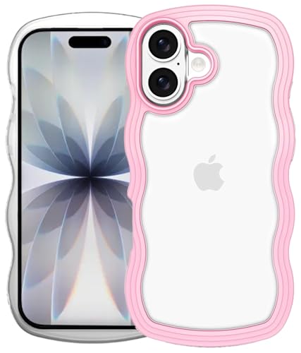 Image of GoldKart iPhone 17 Case Wavy Edge Clear Back Design, Anti-Slip Grip Cute Wave Curly Frame Shape Shockproof Soft TPU & Hard PC Bumper Protective Phone Case Cover for Women Girls - Pink
