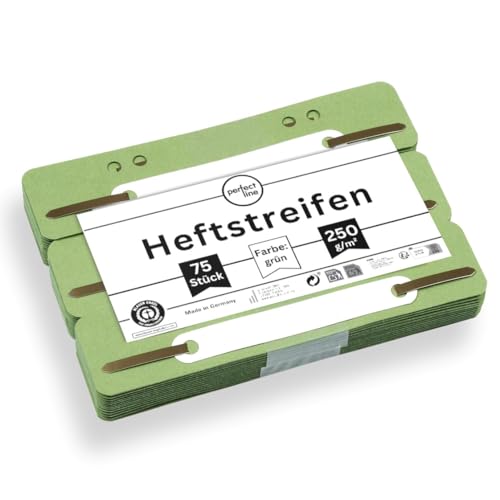 perfect line - 75 Heftstreifen Pappe, recycling Karton, 250 g/m², Farbe Grün, Made in Germany, Heftlaschen Blauer Engel zertifiziert