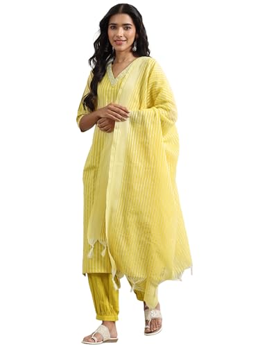 Image of Libas Woven Design Cotton Blend Straight Kurta With Salwar and Dupatta