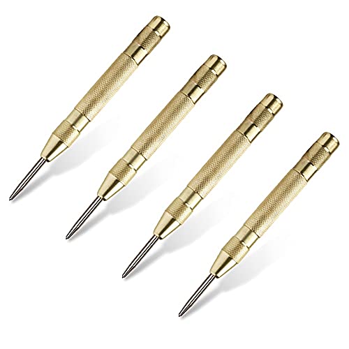 PAMISO 4 Pack Automatic Center Punch, 5.1" Length Brass Automatic Spring Loaded Drill Punch Tool, Fixed Point & Car Window Glasses Break