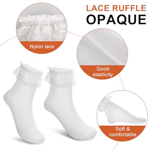 2 Pairs Lace Frilly Ankle Socks for Women, Soft Cotton Ruffle Ankle Socks, Cute White Princess Dress Sock for Girls3