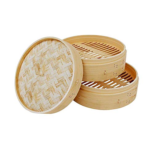 FLL Bamboo Steamer Set, Home Handmade Durable 2 Tiers with Lid Bao Bun Tray Cookware Basket, para albóndigas Vegetales Pollo Pescado Dim Sum Cocina Cocina