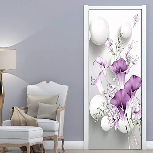 MJHG PVC Self-adhesive 3D Removable Wall Door Sticker Fresh Purple Calla Wallpaper Living Room Door Decor Decals DIY