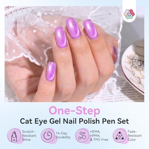 Image of SAVILAND One Step Gel Nail Polish Pen Set: 6 Colors Cat Eye 3-in-1 U V Gel Nail Polish Summer Neon Base & Color & Top Gel in One Pen with Nail Magnet Quick Manicure for Cateye Effect Home DIY 4 ml
