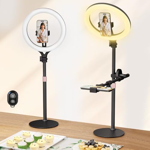 11" Desk Ring Light,Wireless Bluetooth Ring Light with Stand & Phone Holder,Overhead Phone Mount for Video Recording,Tripod for Cooking Videos,Webcam Lamp/TikTok/YouTube,Compatible with iPhone Camera