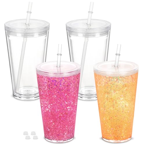 Electricidad, Kitchen Paquete de 4 vasos de acrílico de 16 onzas con orificio preperforado, vasos de globo de nieve de doble pared con tapas y pajitas y enchufe, vaso acrílico...
