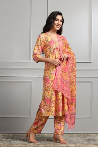 Dhruvi Trendz Women Cotton Blend Fancy Kurta Set Regular Fit Printed (Dt-K2740&P162&D107_Yellow_L)