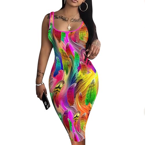 Nimsruc Women Casual Sexy Tank Top Bodycon Dress Summer Pencil Sleeveless Basic Midi Club Dresses Feather Print XL