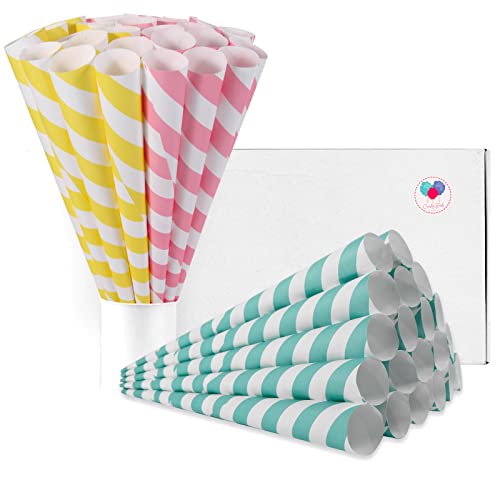 Candy Park - Conos de algodón de azúcar de alta calidad, paquete de 50 rayas pastel, conos de papel multicolor para máquinas de algodón de azúcar y hilo dental de azúcar, suministros para